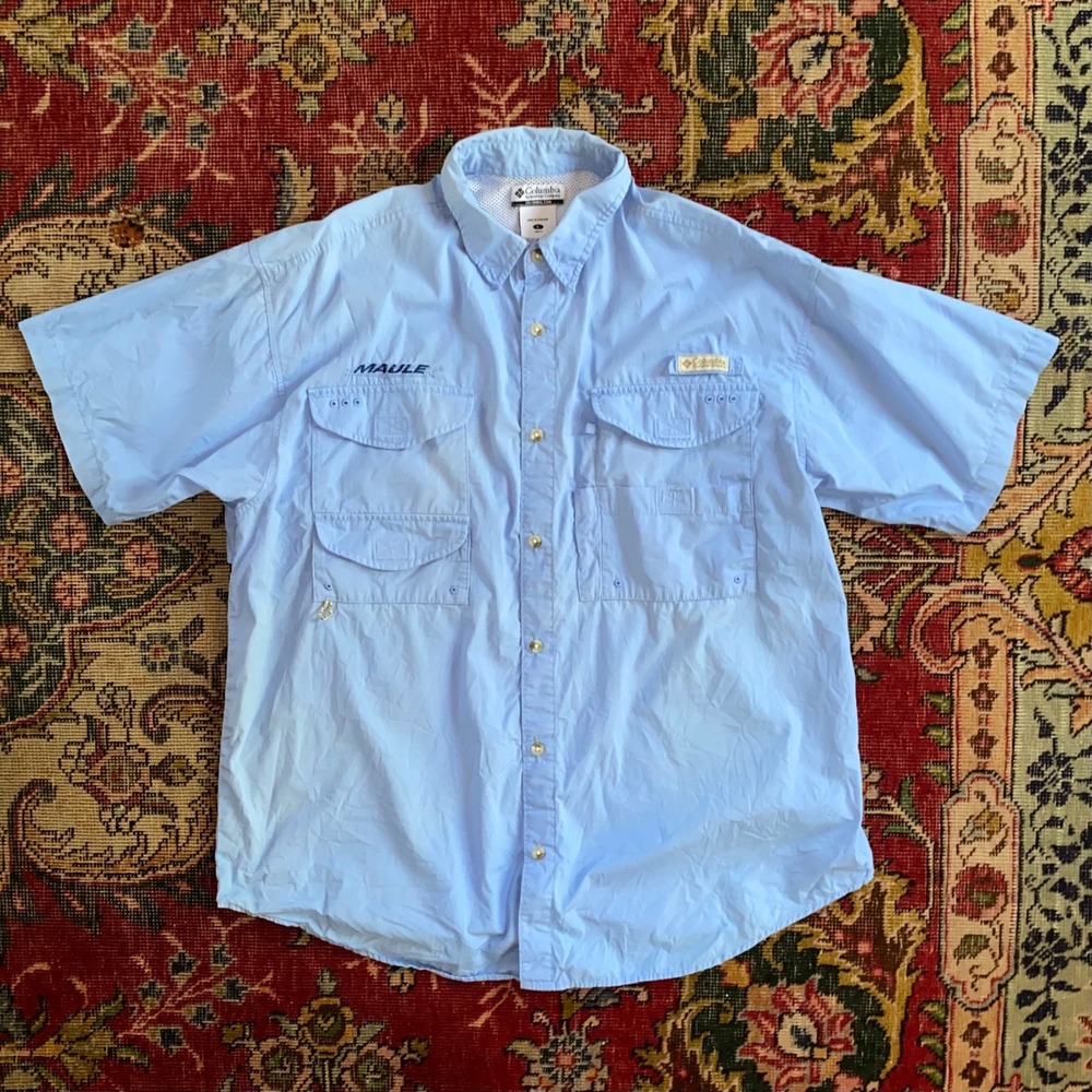 Columbia PFG Fishing Shirt Mens Large Blue Short Sleeve Maule Button Up